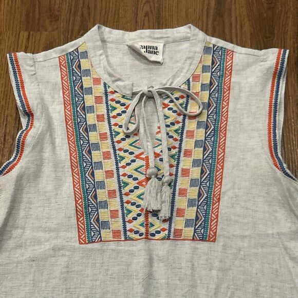 Savanna Jane Top Womens Large Embroidered Blouse Boho Tassels Linen Blend Beige - Picture 3 of 7